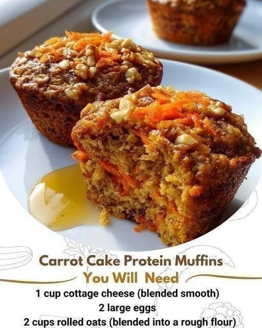 Carrot Protein Muffins with grated carrots, oats, Greek yogurt, warm spices, and a soft moist texture