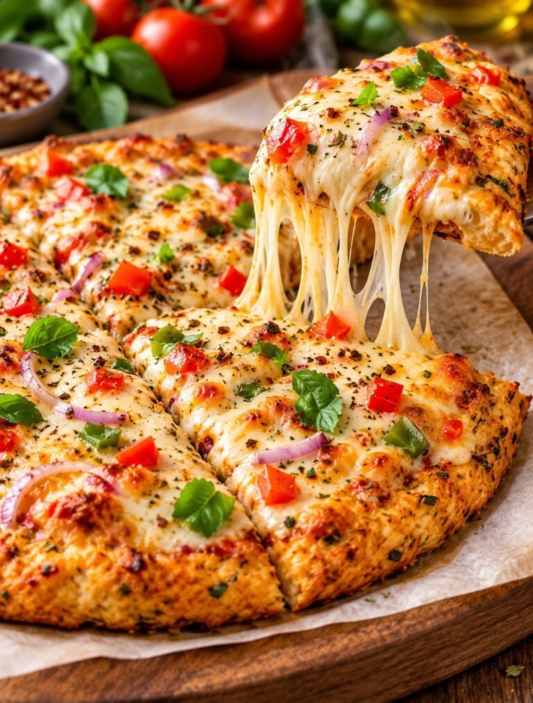 Chicken Pizza Crust topped with tomato sauce, mozzarella, vegetables, herbs, and a golden high-protein chicken base