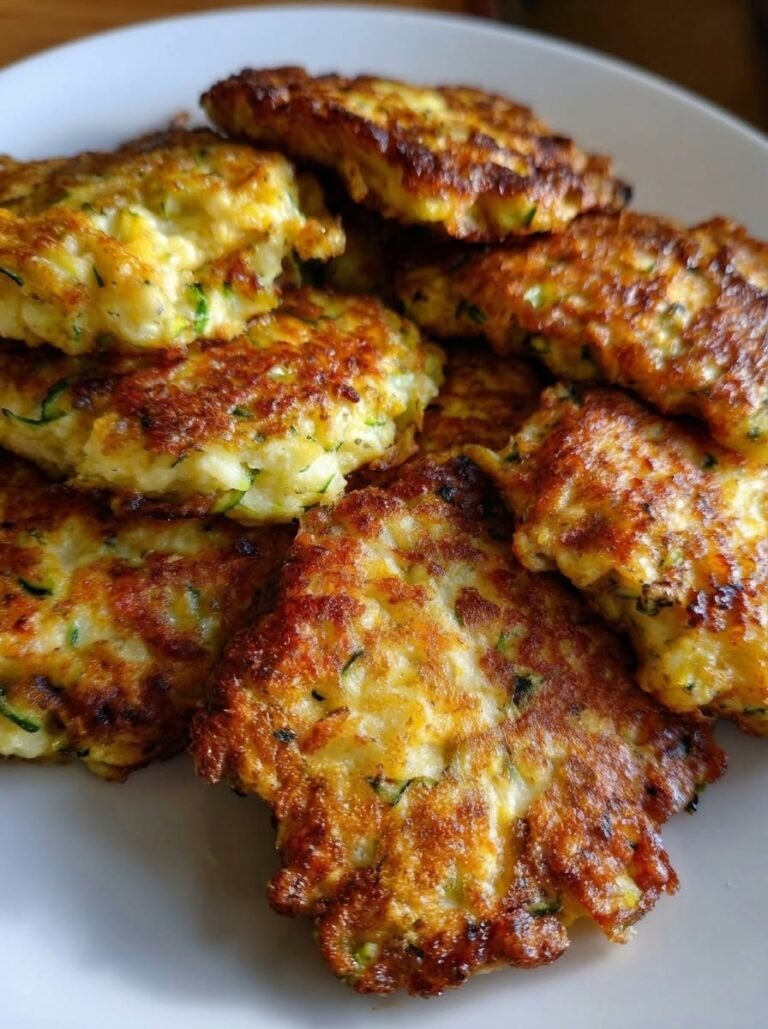 Zucchini Fritters with cottage cheese, Parmesan, eggs, garlic, herbs, and crisp golden edges