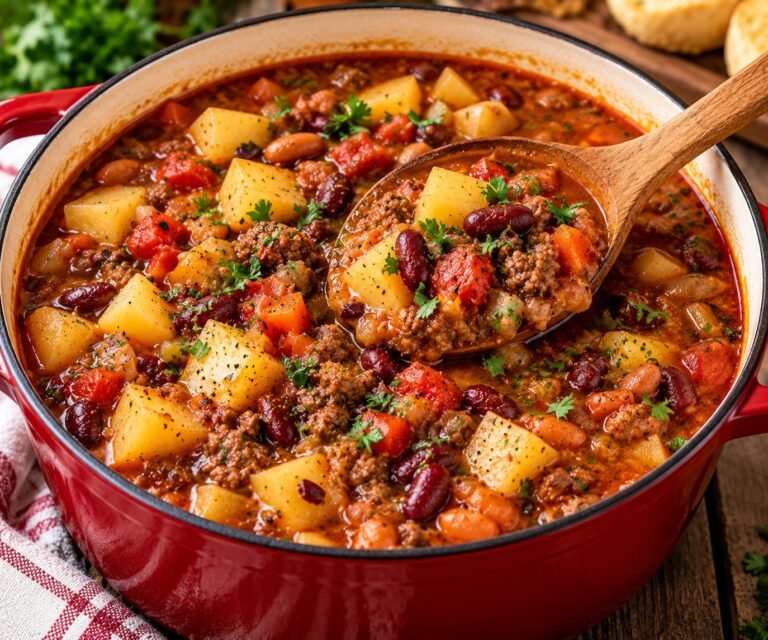 Cowboy Bean Soup with ground beef, tender potatoes, beans, tomatoes, corn, herbs, and a rich savory broth