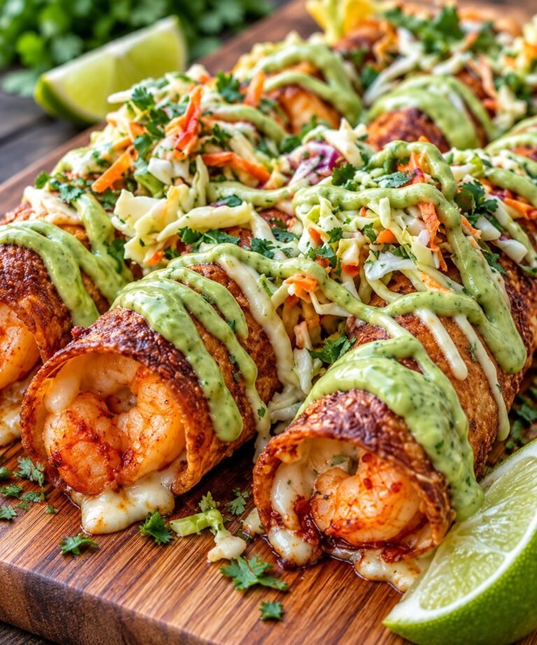 Crispy Shrimp Taquitos with mozzarella, garlic, lime, herbs, and golden tortillas