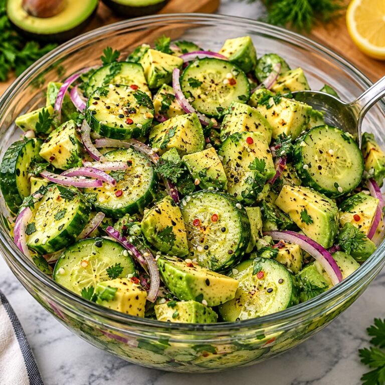 Cucumber Avocado Salad with cucumber, avocado, cherry tomatoes, red onion, feta, fresh herbs, lemon, and olive oil