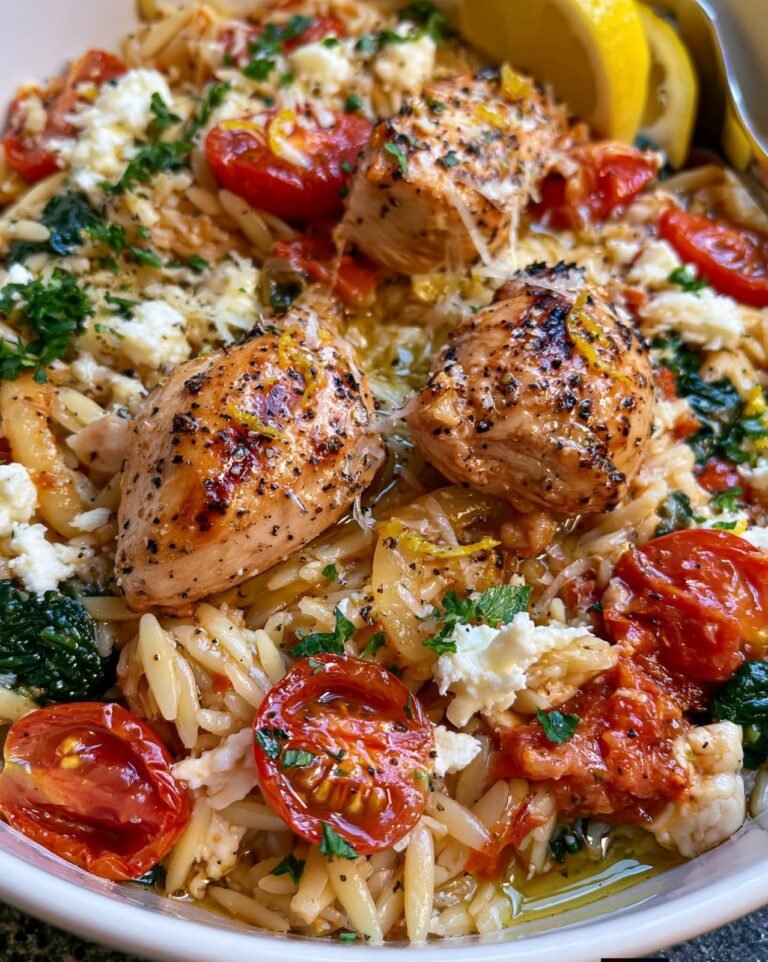 Lemon Feta Chicken Orzo with tender chicken, creamy orzo, spinach, cherry tomatoes, lemon, herbs, and crumbled feta