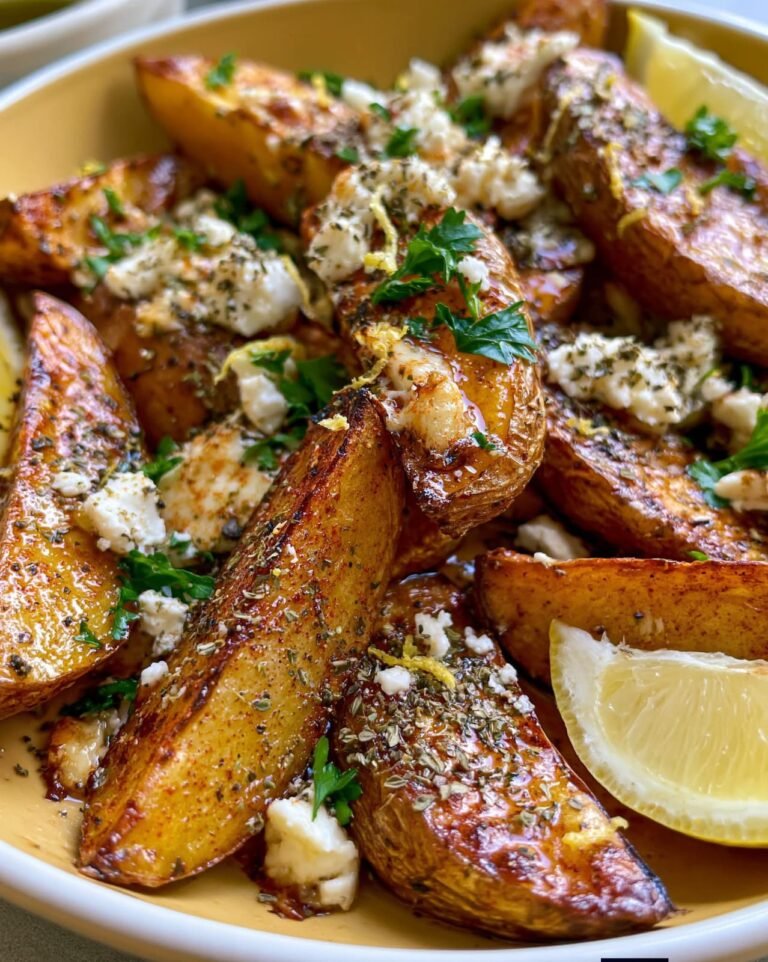Greek Lemon Potatoes with roasted potatoes, fresh lemon, garlic, oregano, feta, parsley, and golden crispy edges