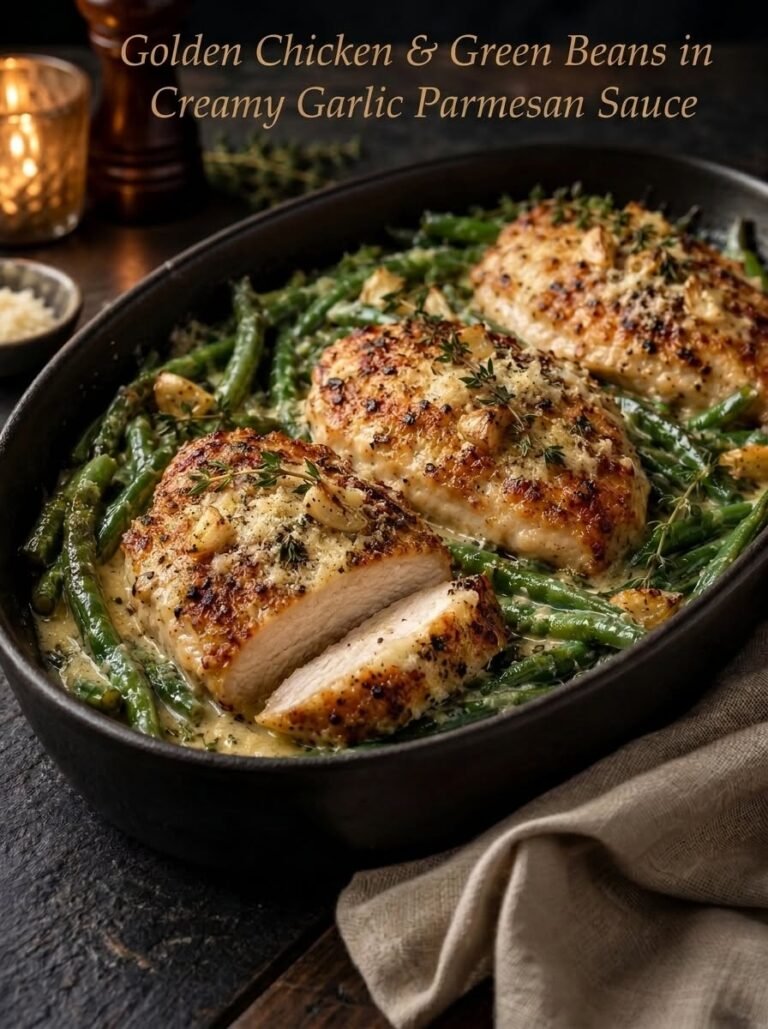 Chicken Green Beans with golden chicken, tender green beans, creamy garlic Parmesan sauce, and fresh herbs