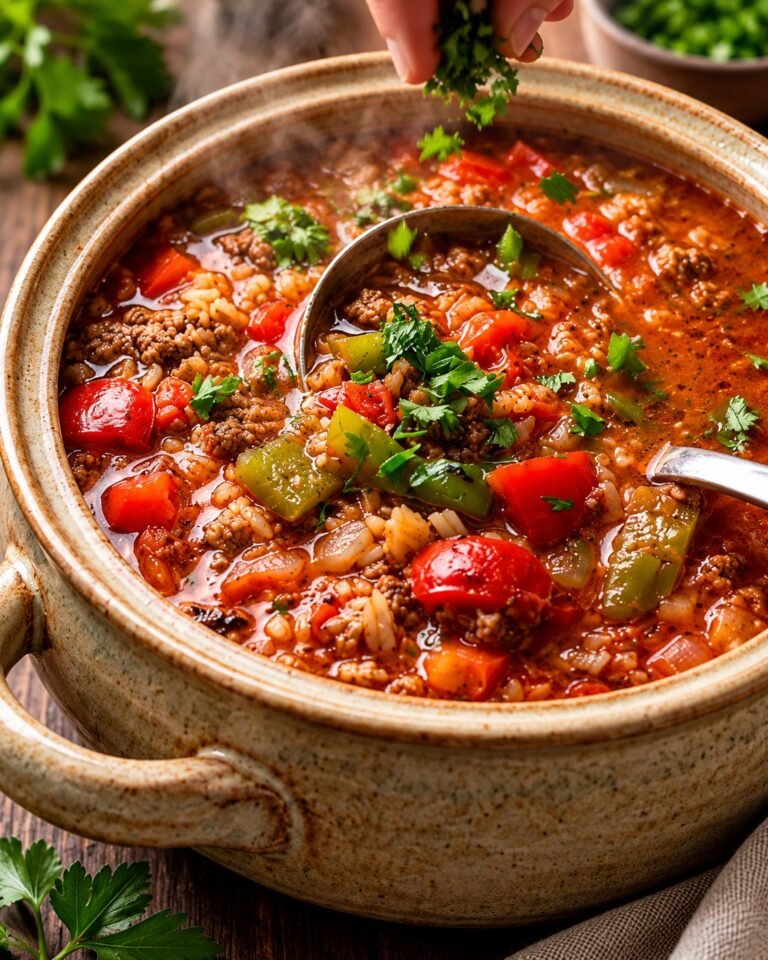 Hearty Stuffed Pepper Soup with ground beef, bell peppers, tomatoes, rice, and fresh herbs