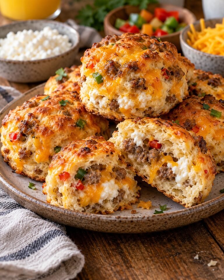 Sausage Breakfast Biscuits with sausage, cottage cheese, cheddar, eggs, spinach, peppers, and a soft golden savory crumb