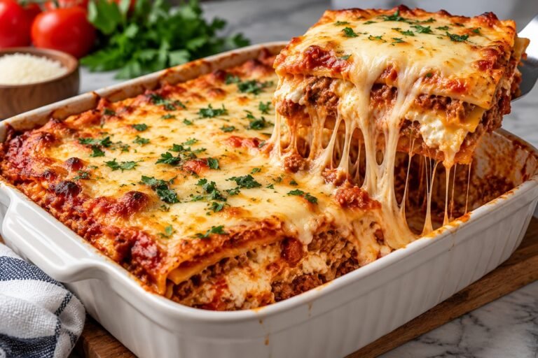 Lazy Girl Lasagna with pasta, seasoned ground beef, ricotta, mozzarella, Parmesan, and rich marinara sauce