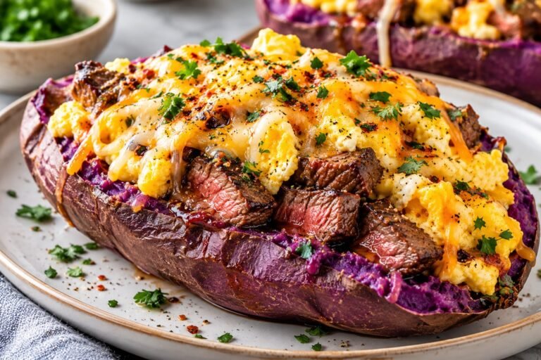 Purple Sweet Potato topped with sliced steak, fried eggs, avocado, cherry tomatoes, herbs, and savory seasonings