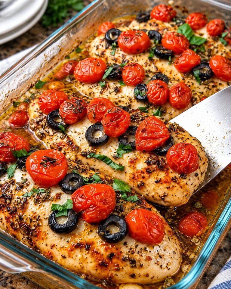Mediterranean Baked Chicken with lemon, garlic, tomatoes, olives, feta, and fresh herbs