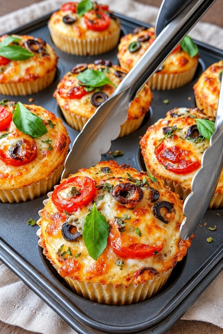 Mini Pizza Muffins with mozzarella, tomatoes, olives, herbs, and golden cheesy tops