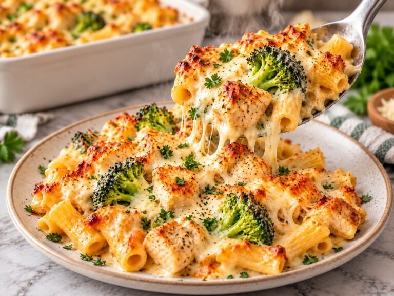 Chicken Broccoli Baked Ziti with tender chicken, broccoli, creamy garlic sauce, mozzarella, Parmesan, and baked pasta