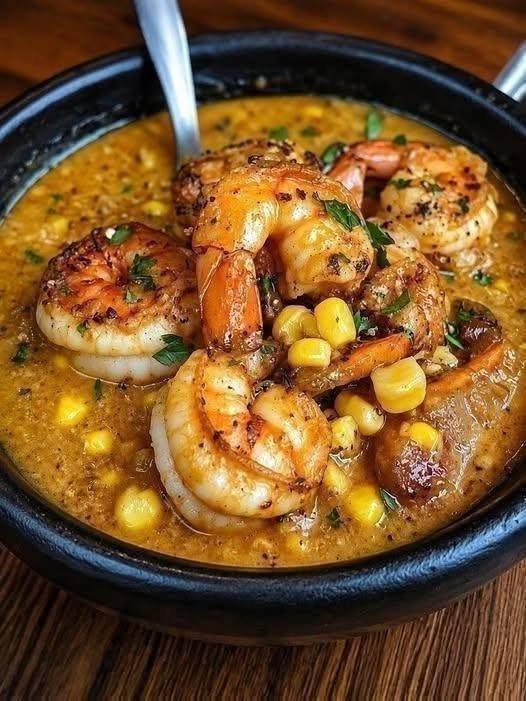 Shrimp Corn Bisque with tender shrimp, sweet corn, creamy broth, Cajun seasoning, vegetables, and fresh herbs