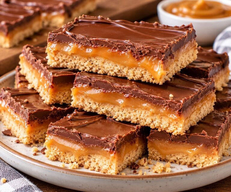 No Bake Twix Bars with buttery biscuit base, gooey caramel center, smooth chocolate topping, and flaky sea salt