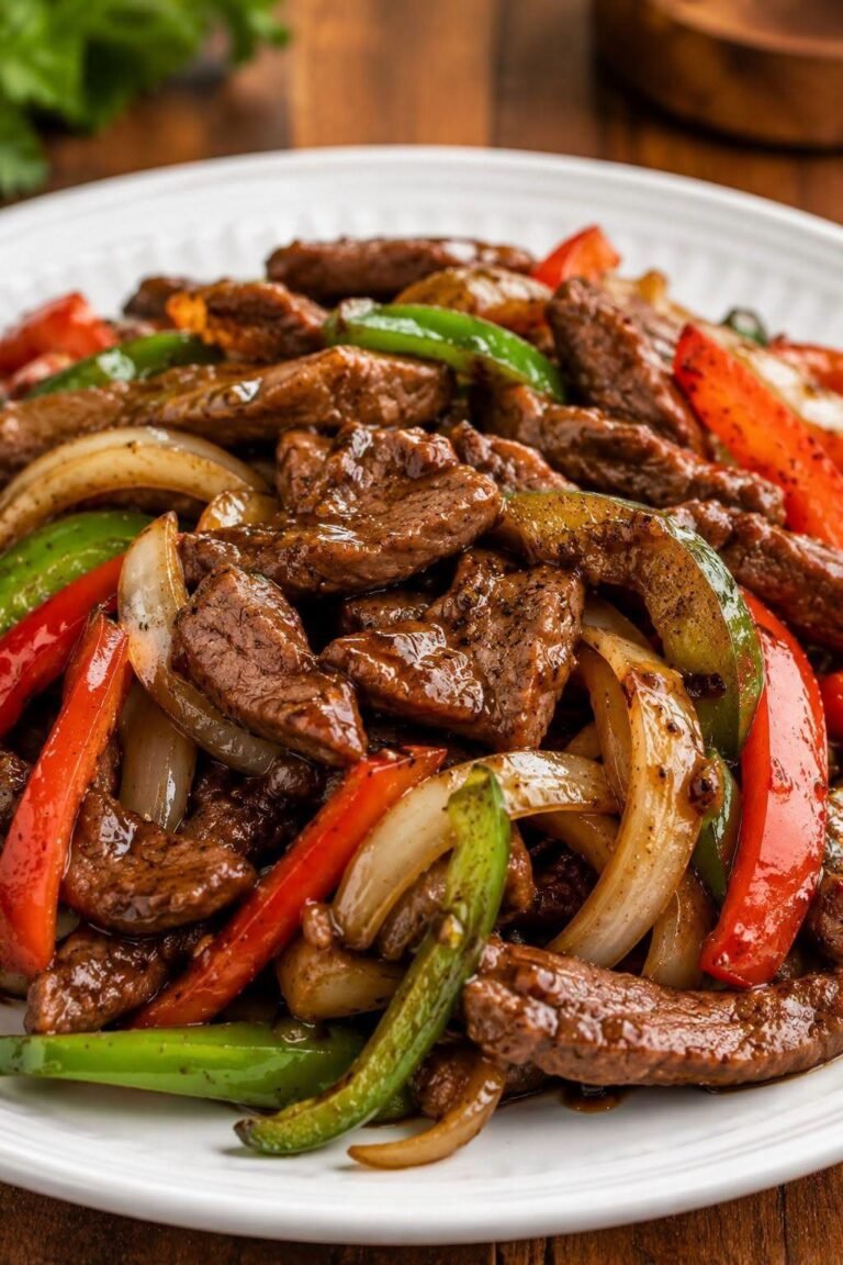 Pepper Steak with tender beef strips, red and green bell peppers, onions, garlic, ginger, and savory stir-fry sauce