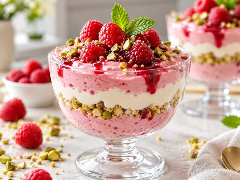 Raspberry Pistachio Cheesecake Parfait with creamy layers, raspberries, pistachios, and cookie crumbs