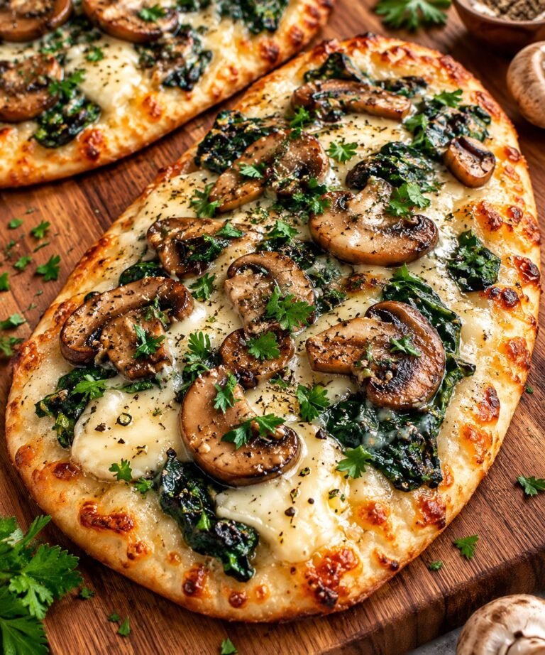 Brie Flatbread with spinach, mushrooms, creamy garlic sauce, Parmesan, herbs, and melted Brie cheese