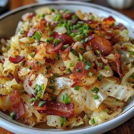 Fried Cabbage with Bacon, Onion, and Garlic 