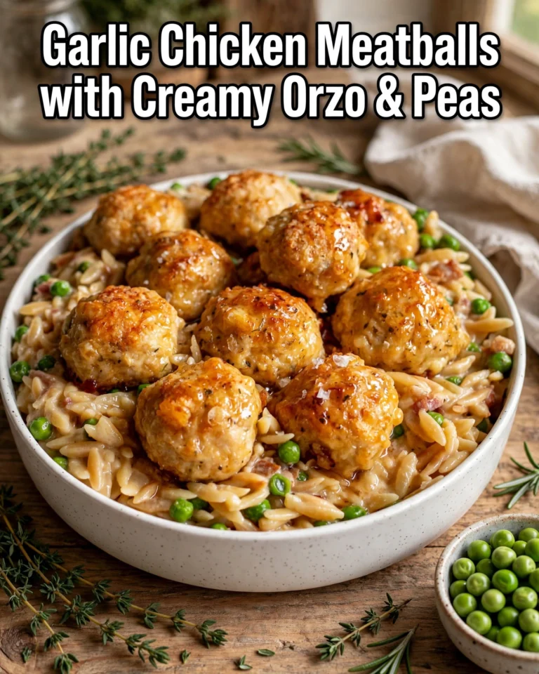 Garlic Chicken Meatballs with Creamy Orzo & Peas