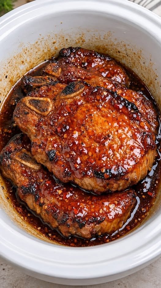 Slow Cooker Sticky Glazed Pork Chops