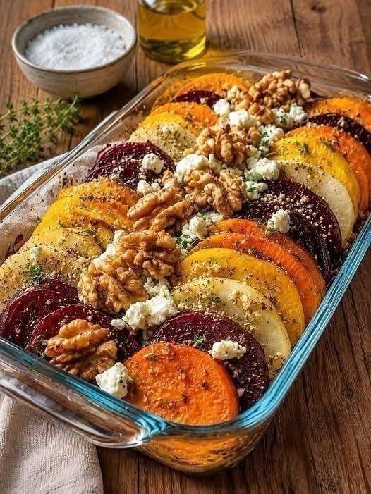 Roasted Root Vegetable Bake with Feta & Walnuts