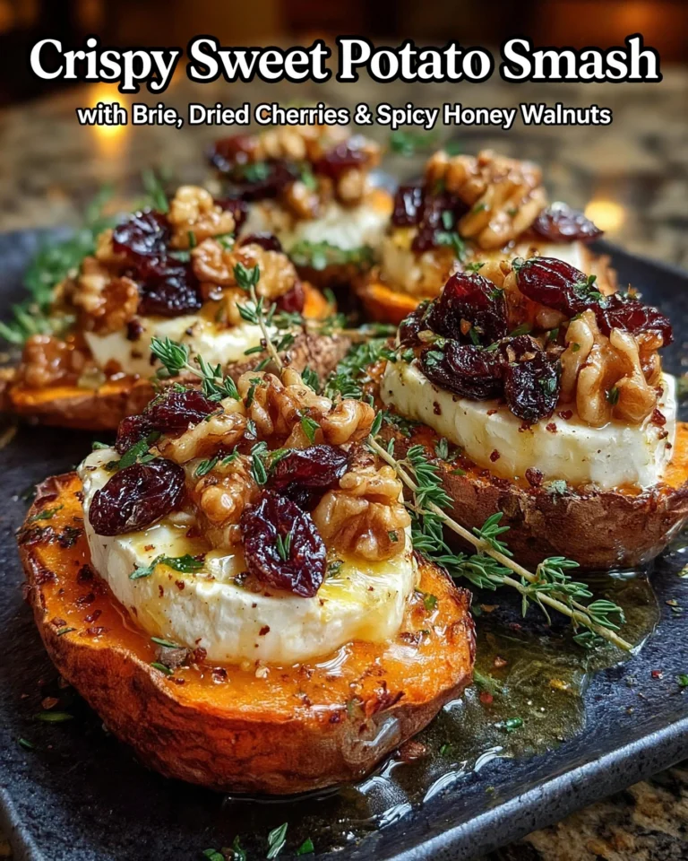 #Crispy Sweet Potato Smash with Brie, Dried Cherries & Spicy Honey Walnuts