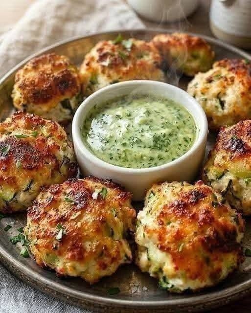 Crispy Cheesy Zucchini Chicken Fritters with Garlic Herb Dip
