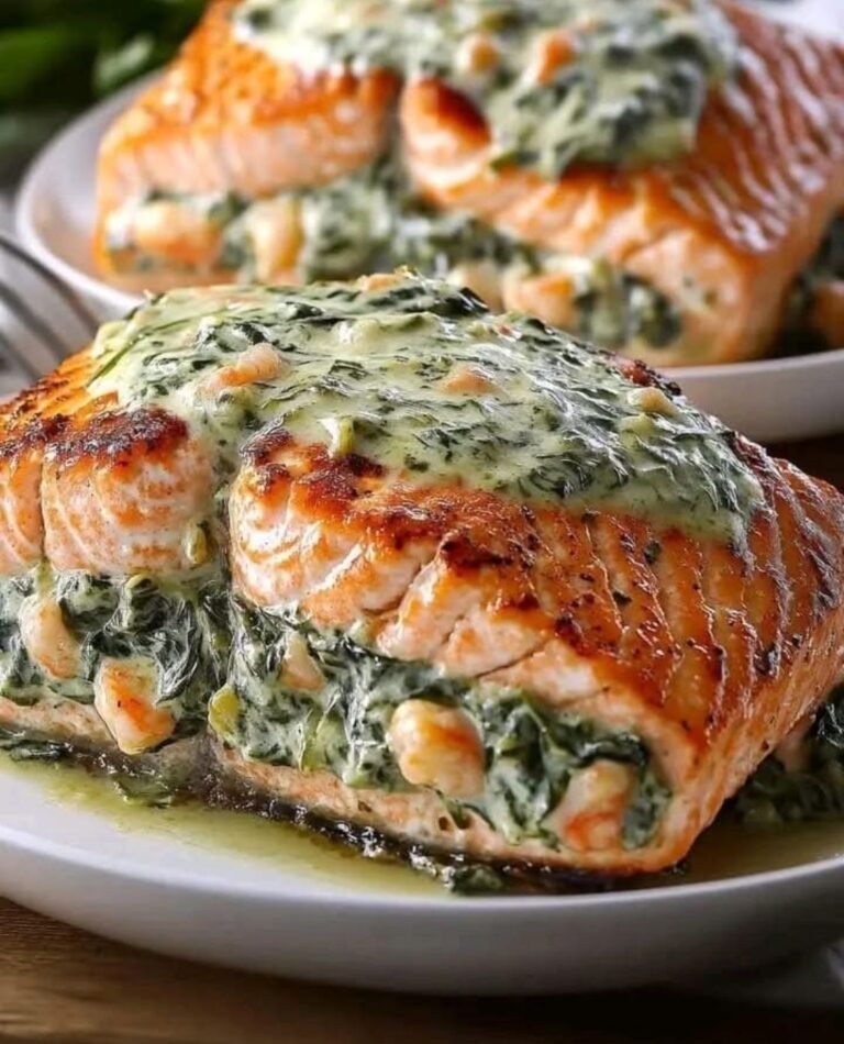 Mediterranean Creamy Spinach & Shrimp Stuffed Salmon