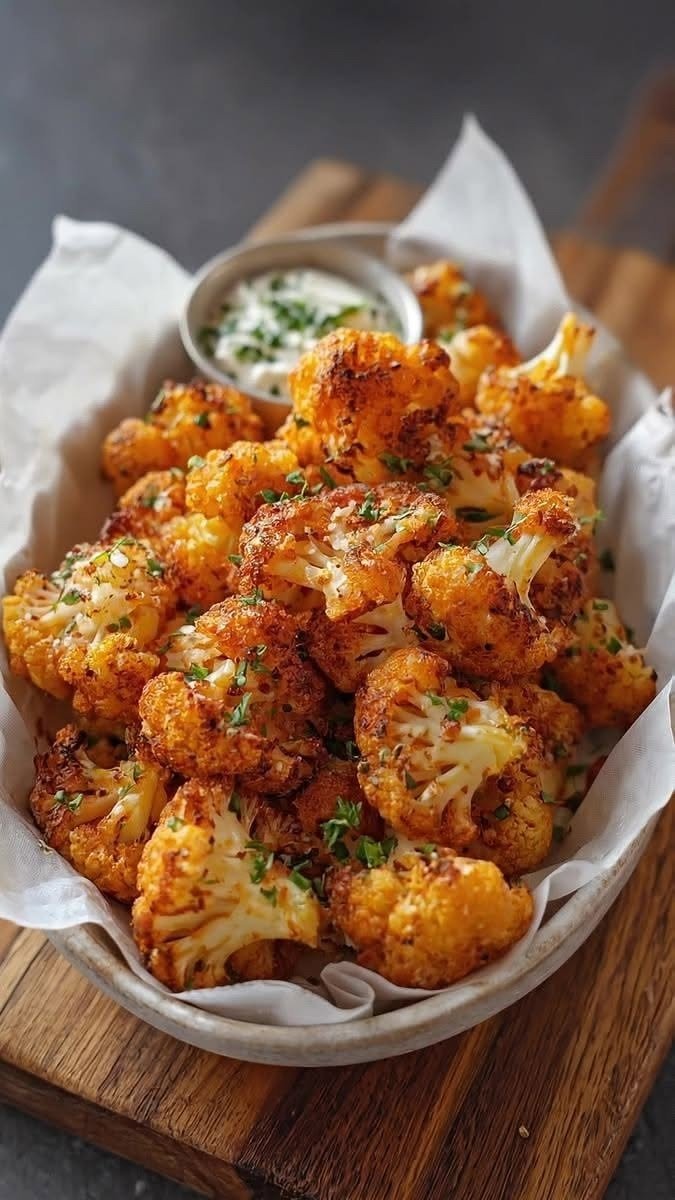 Crispy Roasted Cauliflower Bites with Parmesan and Creamy Herb Dip