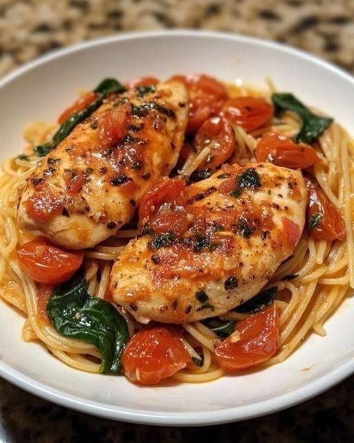Tomato Spinach Chicken Spaghetti
