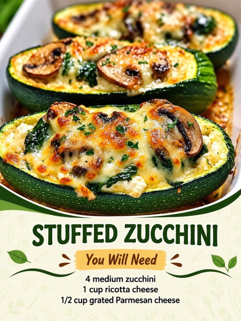 Stuffed Zucchini with Spinach, Mushrooms & Cheese