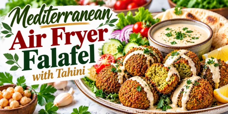 Mediterranean Air Fryer Falafel with tahini sauce, chickpeas, fresh herbs, pita, and vegetables
