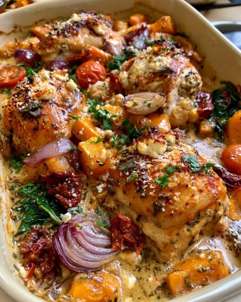 Creamy Mediterranean Chicken Bake with Sweet Potatoes, Spinach & Feta