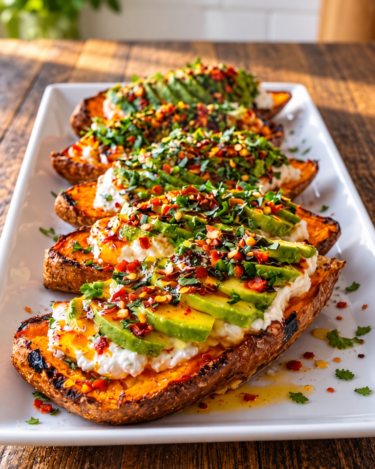 Loaded Mediterranean Sweet Potatoes with avocado feta tomatoes and herbs