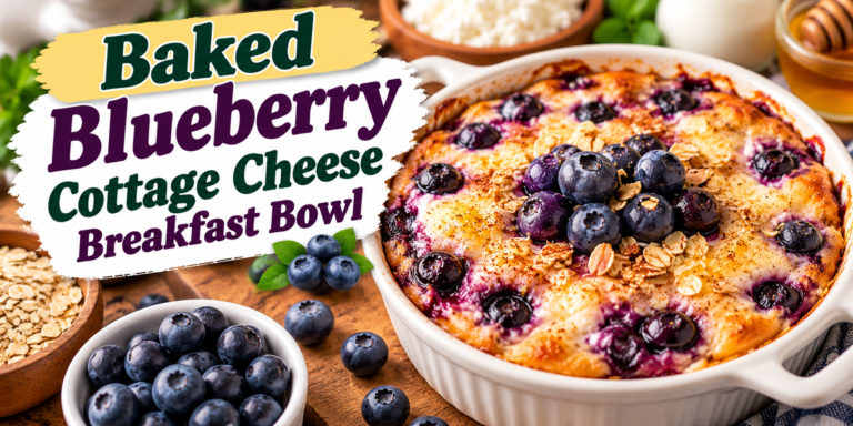 Blueberry Cottage Cheese Bowl with cottage cheese, blueberries, oats, eggs, vanilla, cinnamon, and fresh toppings