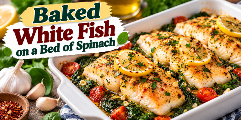 Baked White Fish on a bed of spinach with garlic, lemon, herbs, olive oil, and tender white fish fillets