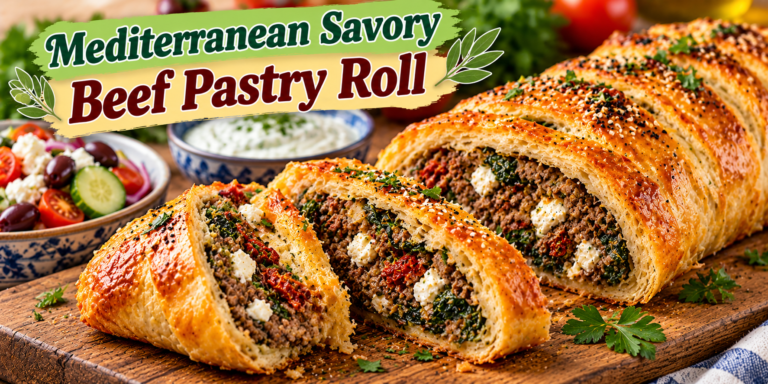 Beef Pastry Roll with seasoned ground beef, spinach, feta, herbs, garlic, and golden flaky puff pastry