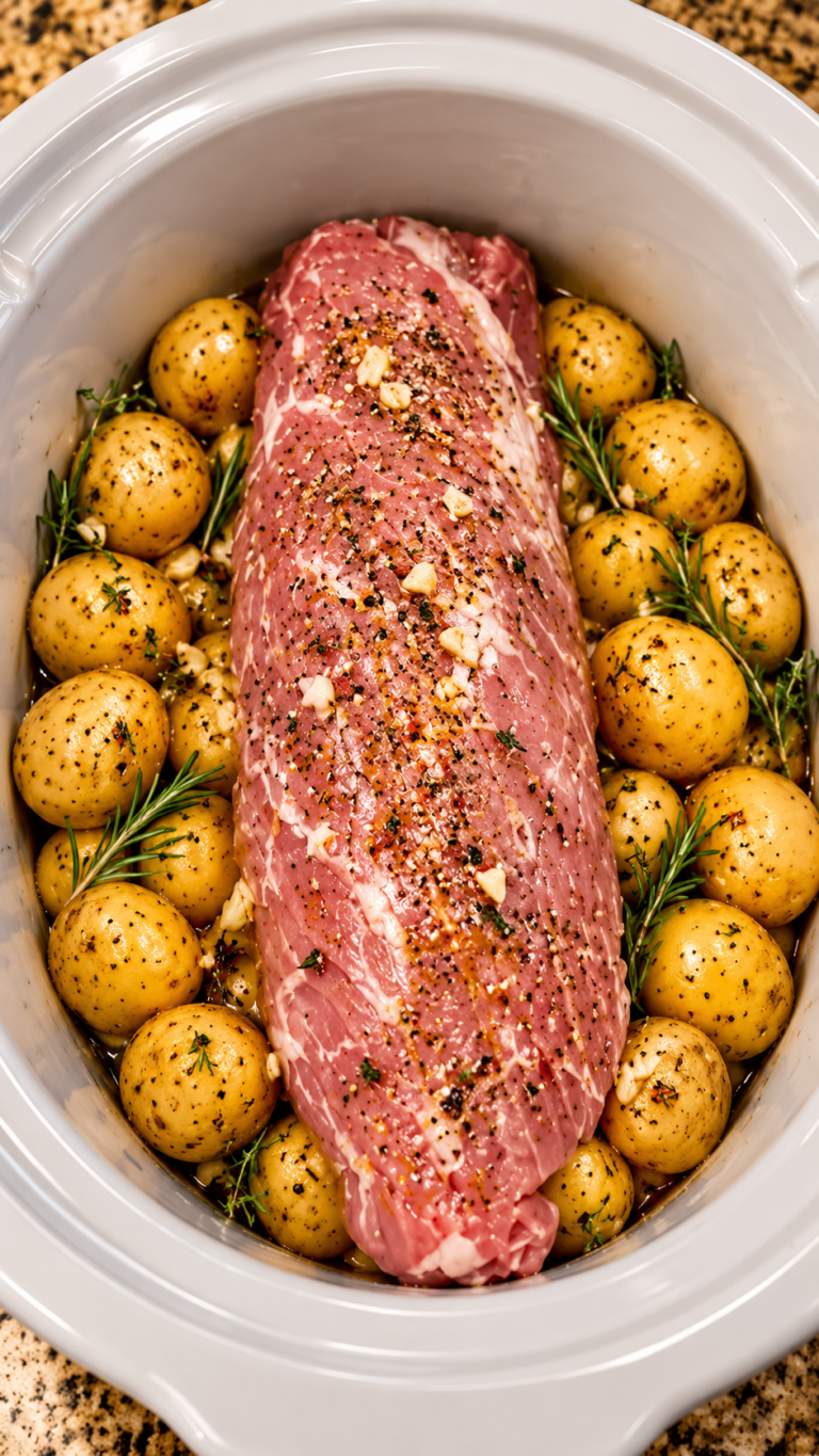 Slow Cooker Garlic Herb Pork Loin with Baby Potatoes
