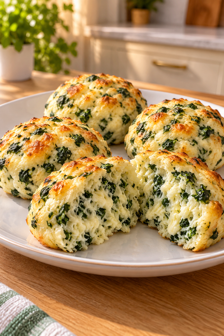 Four homemade low-carb spinach mozzarella cloud buns with visible chopped spinach on a white plate