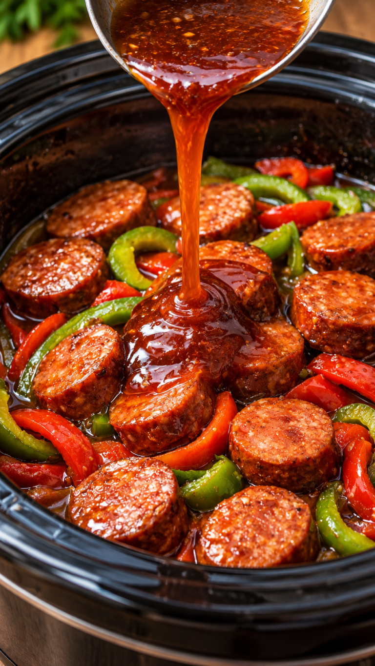 Slow Cooker BBQ Sausage and Peppers