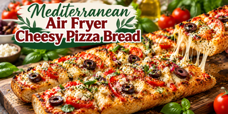 Mediterranean Cheesy Pizza Bread with mozzarella, feta, olives, tomatoes, herbs, and crispy golden bread