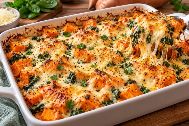 Sweet Potato Spinach Bake with tender sweet potatoes, spinach, ricotta, mozzarella, cheddar, and golden melted cheese