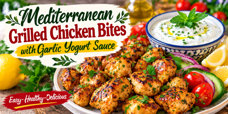 Mediterranean Grilled Chicken Bites with garlic yogurt sauce, lemon, herbs, cucumber, and tomatoes