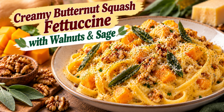 Butternut Squash Fettuccine with creamy squash sauce, Parmesan, toasted walnuts, fresh sage, and tender pasta
