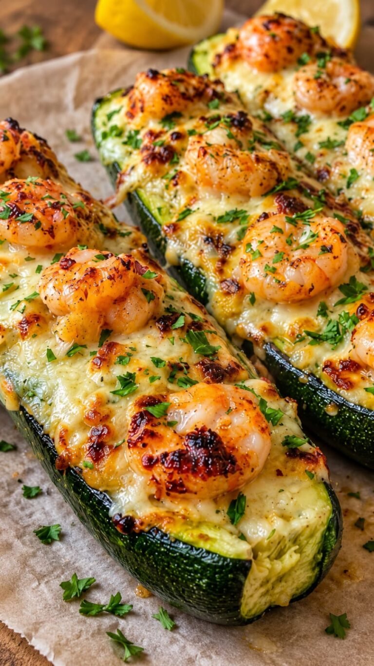 Shrimp Stuffed Zucchini Boats filled with juicy garlic butter shrimp, fresh herbs, and golden melted mozzarella cheese