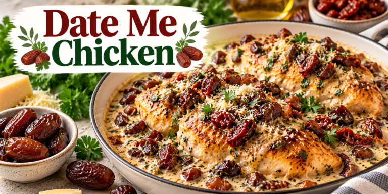 Date Me Chicken with golden chicken, sweet dates, sun-dried tomatoes, creamy Parmesan sauce, and fresh parsley