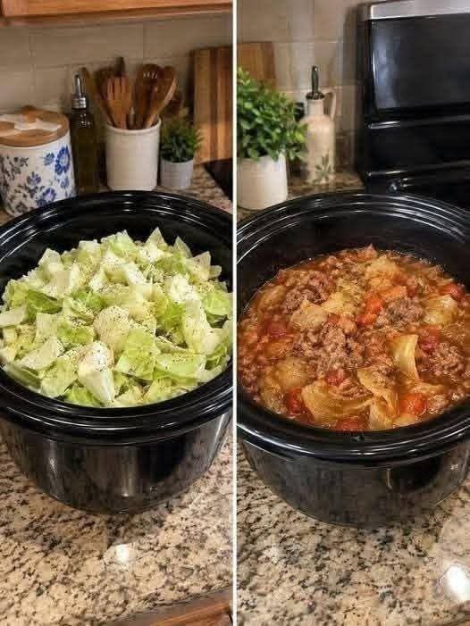 Cabbage Beef Stew with ground beef, tender cabbage, potatoes, carrots, tomatoes, and savory broth