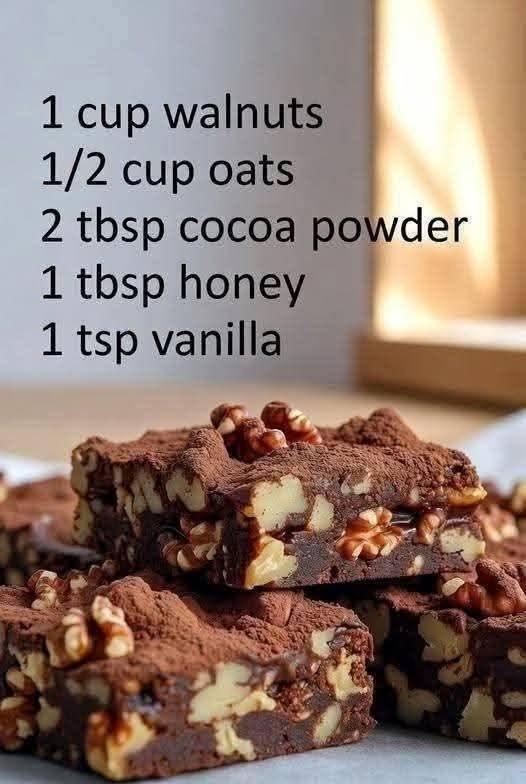 Chocolate Walnut Bars with walnuts, oats, cocoa powder, honey, vanilla, and a rich fudgy no-bake texture