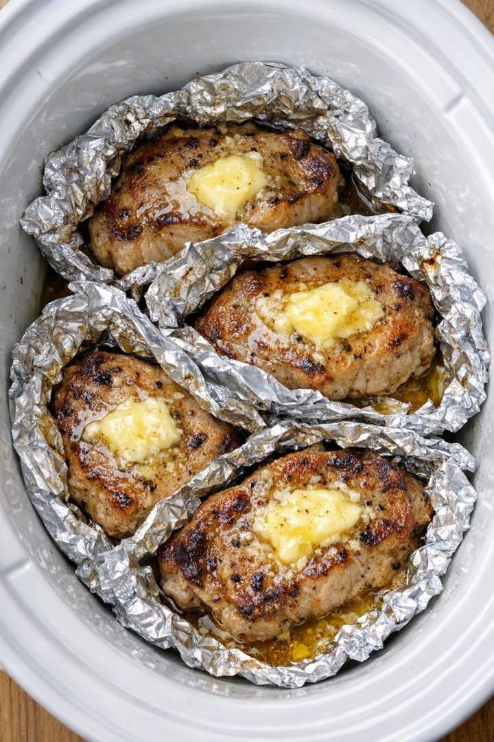Slow Cooker Garlic Butter Pork Chops in Foil Packets – Tender & Juicy