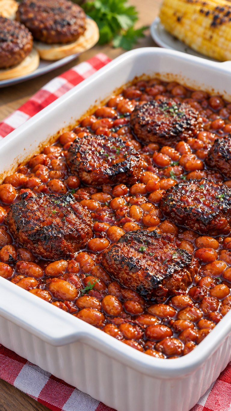 BBQ Hamburger Steaks with Baked Beans Casserole